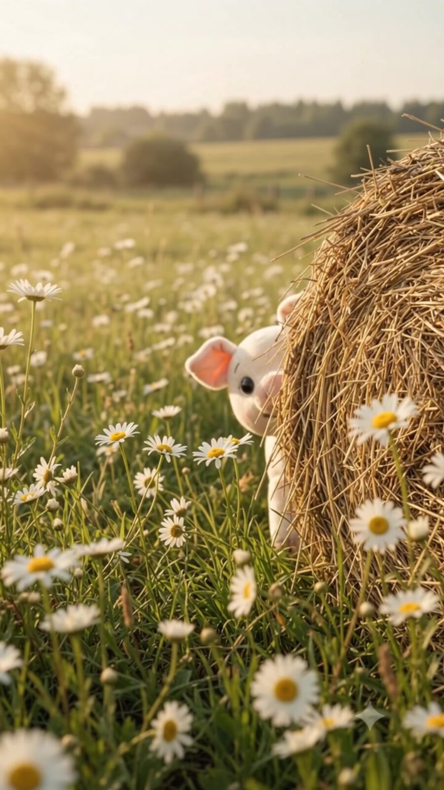 Merry peeking from behind a hay bale