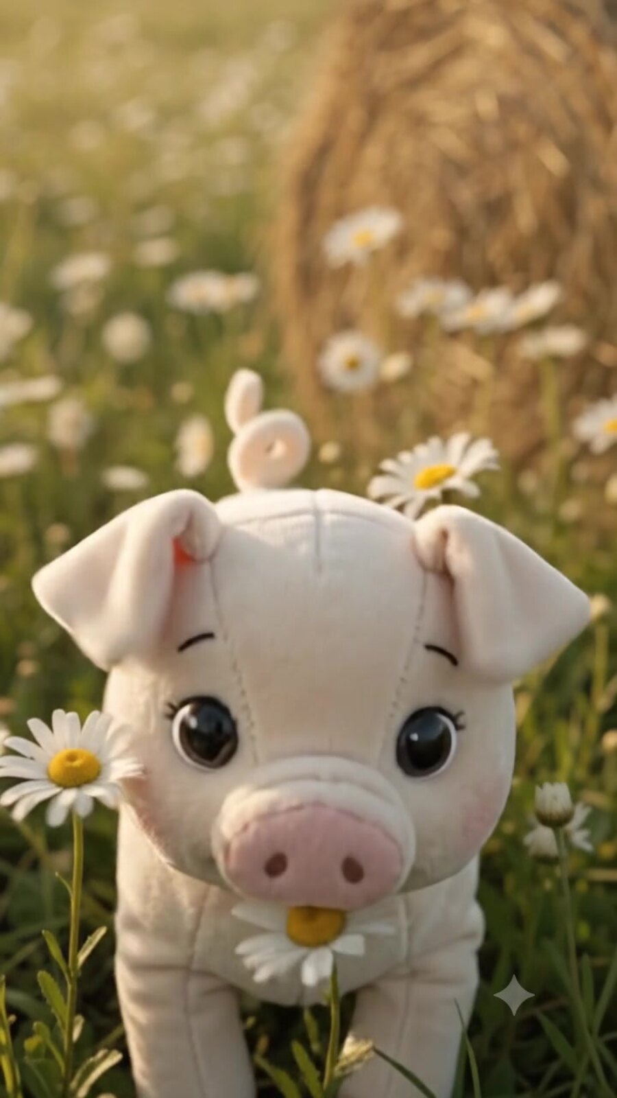 Merry smelling a daisy up close