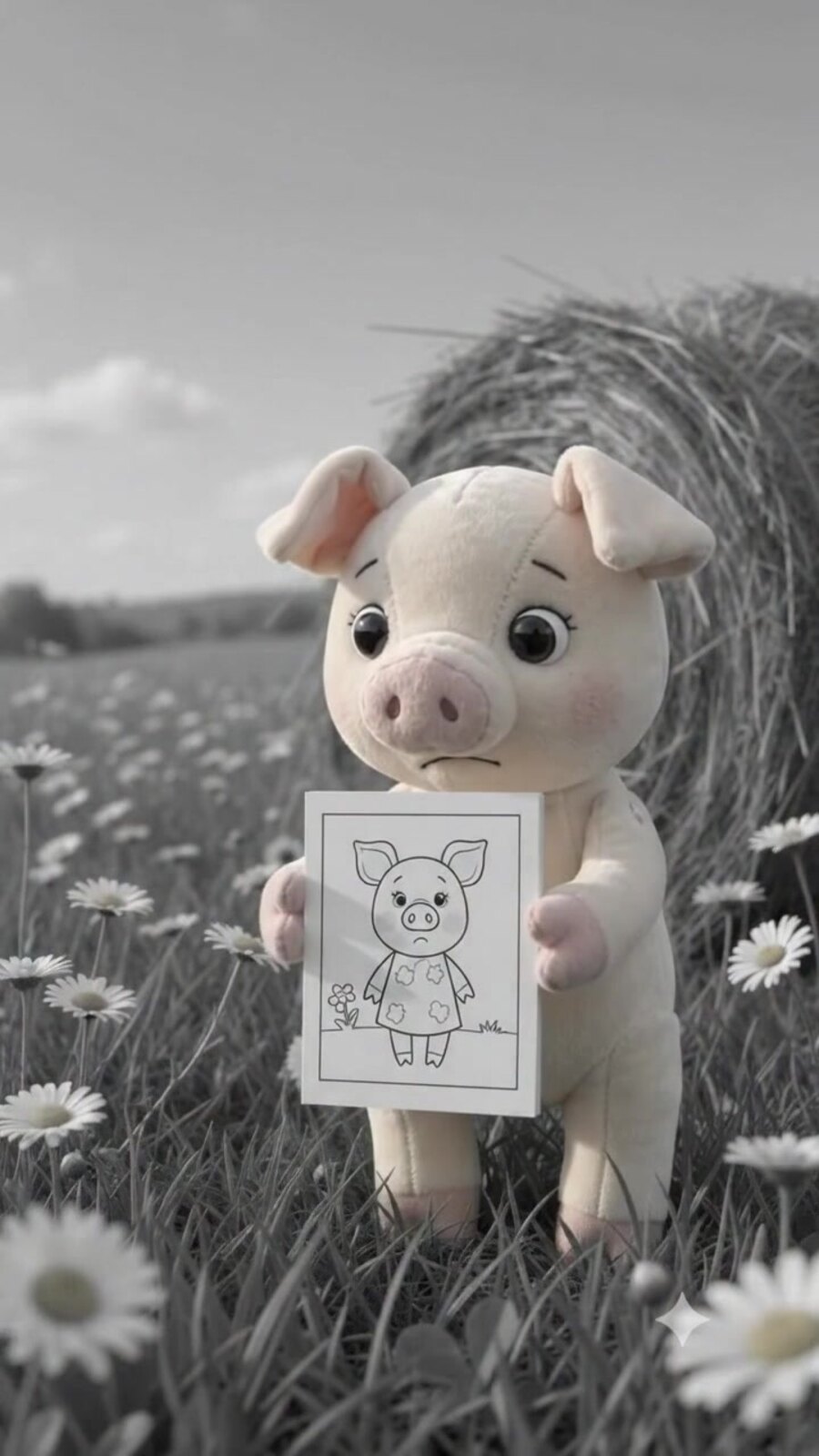 Merry holding her picture in a black and white world