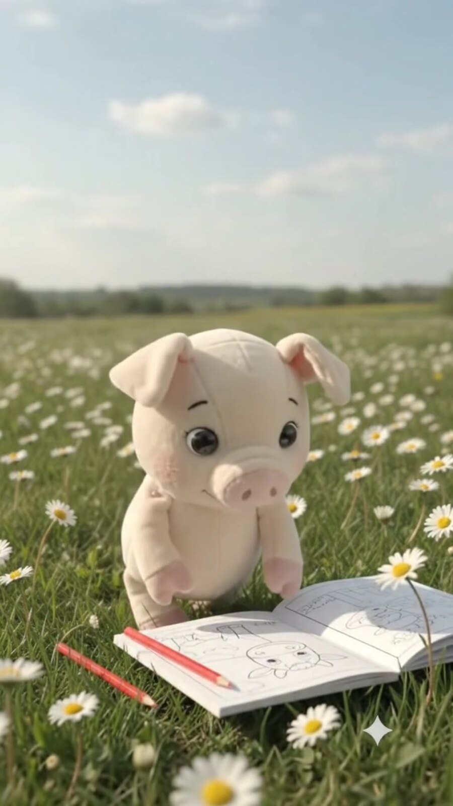 Merry with the coloring book in the meadow
