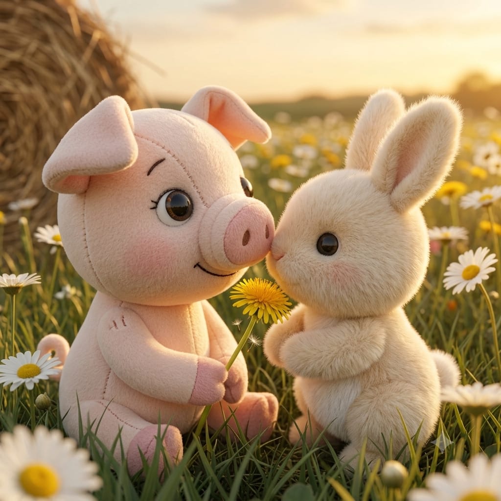 Merry and the bunny touch noses over a dandelion
