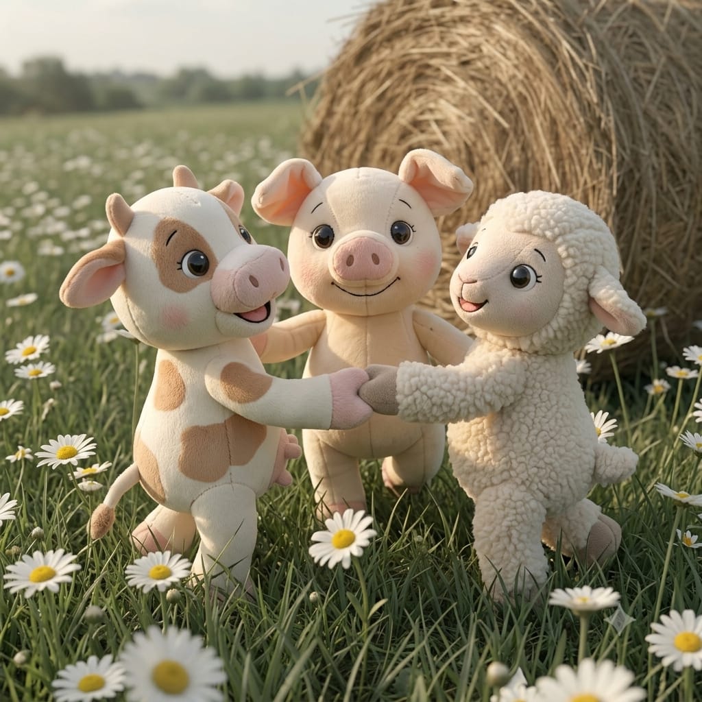Merry, the calf and the lamb in a circle dance by the hay bale