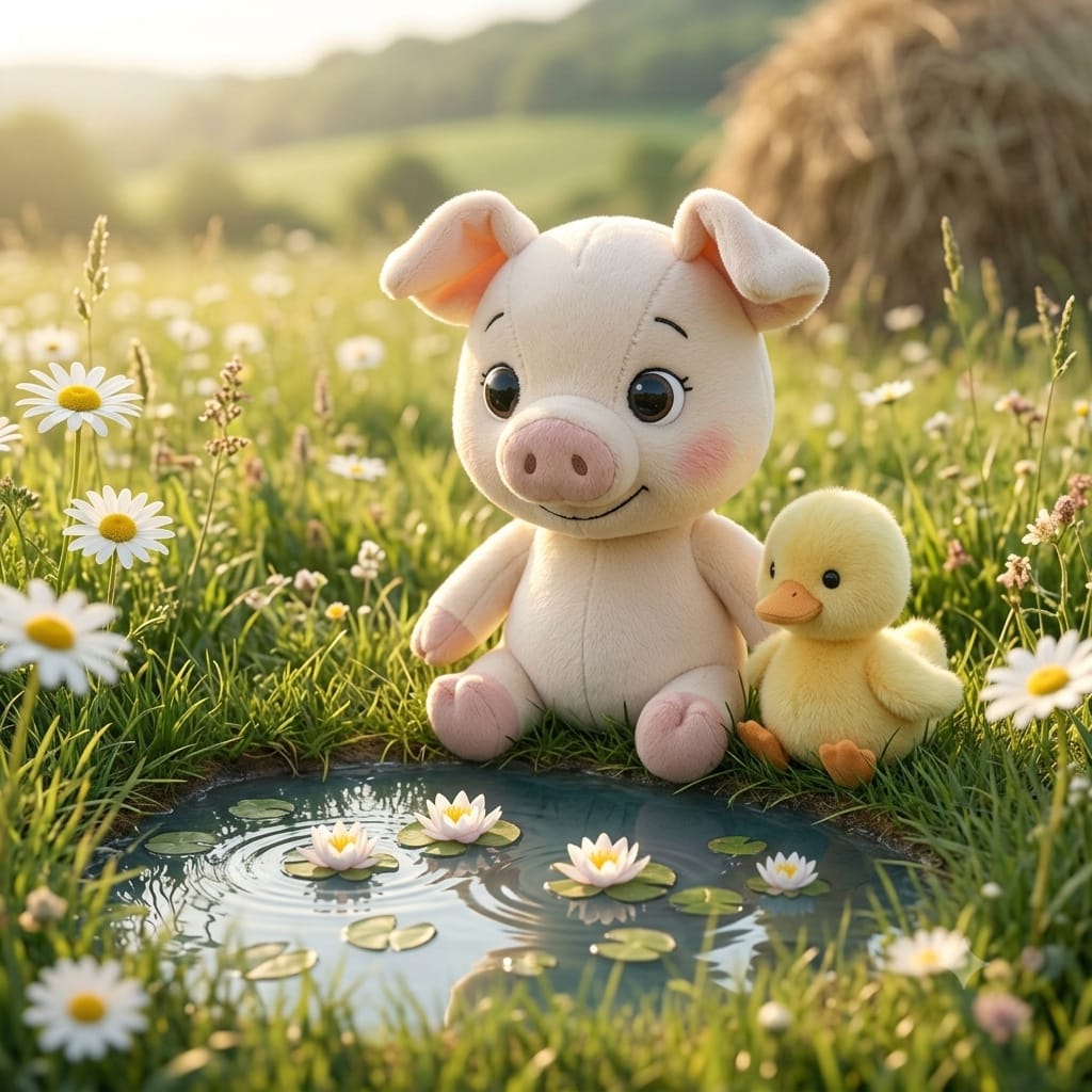 Merry and the duckling at the lily pond