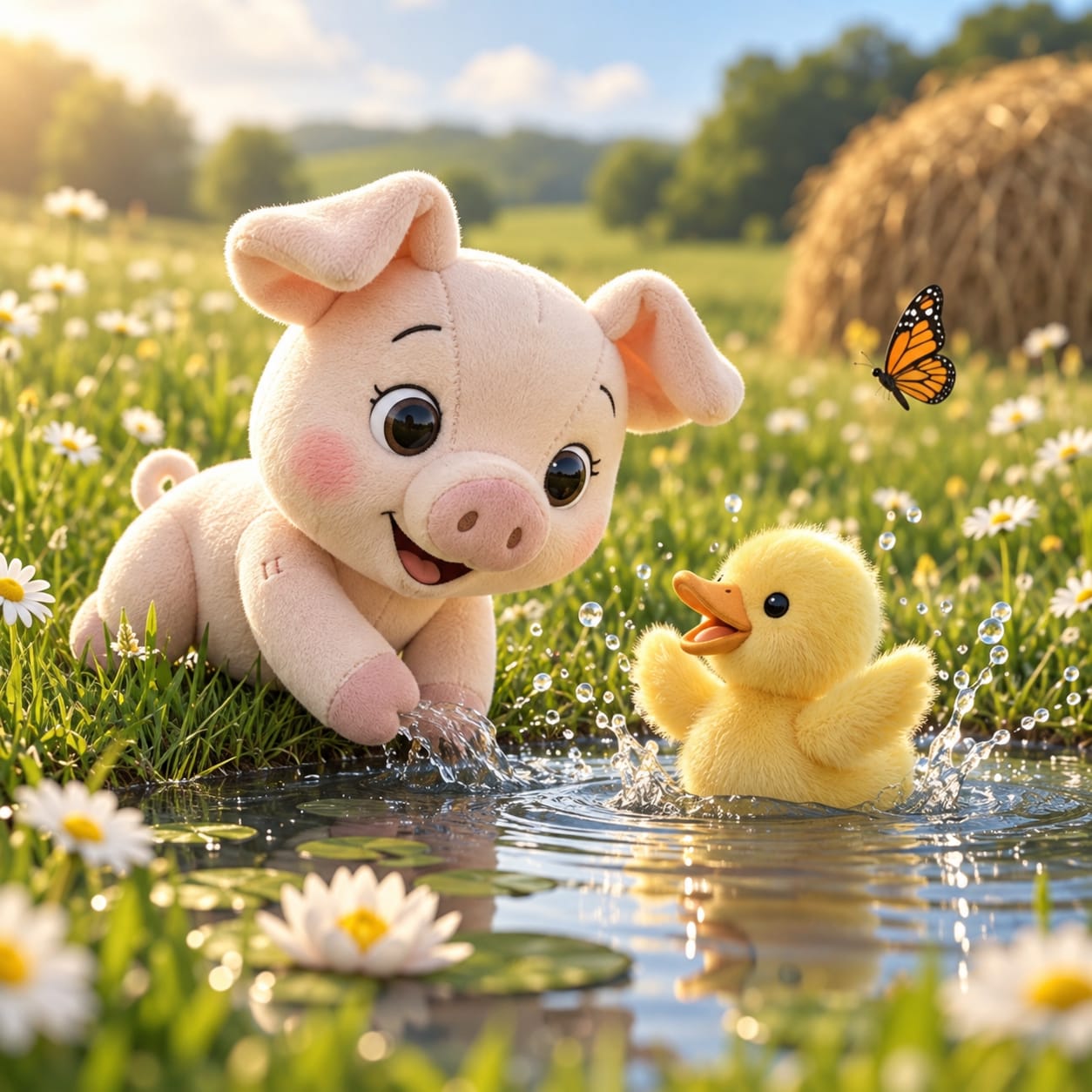 Merry splashing at the pond with the duckling and a monarch butterfly
