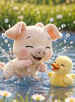 Merry splashing in a puddle with the duckling