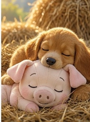 Merry napping with the puppy in the hay