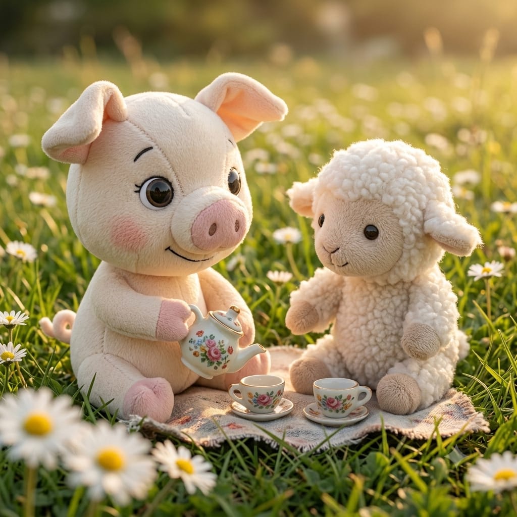 Merry and the lamb at a tea party on a picnic blanket